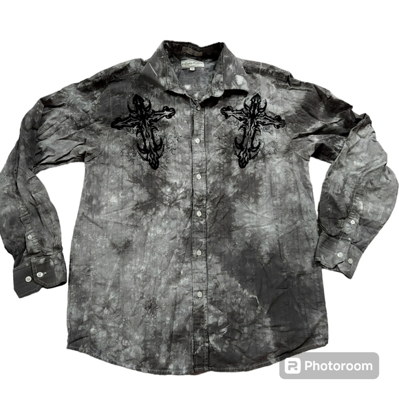 Eighty Eight Apparel Shirt Mens sz M Crosses Bleach Dye Button Up Y2k Grunge - Picture 1 of 6